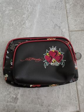 NWOT Ed Hardy Black Cosmetics Makeup Pouch with Red Heart Patch